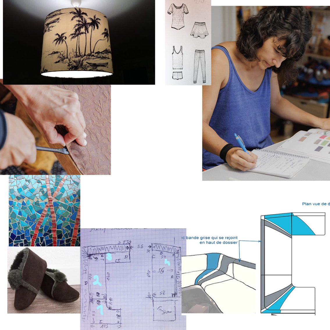 mosaïque d'images: croquis, photos de démontage d'un siège, photo d'une mosaïque, de petits chaussons en laine de mouton retournée, de dessin par ordinateur de proposition de design pour une banquette d'angle de cockpit bateau, photo d'un abat jour, dessin de stylisme