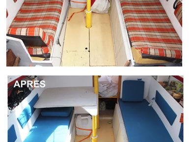 avant/après d'un carré de petit voilier habitable. Avant: tissus des années 60-70 à carreaux orange/écru/marron. Après: tissu bleu